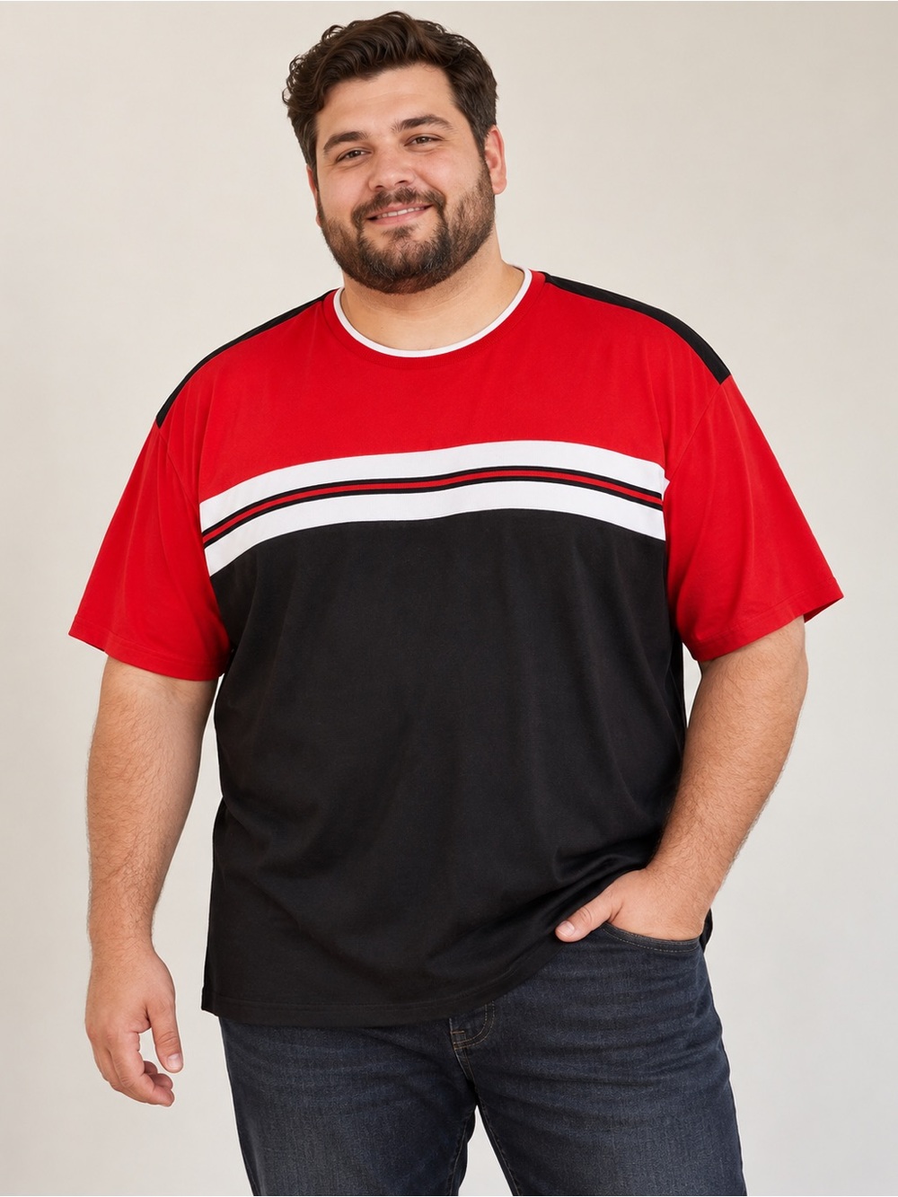Men's Red & Black Colorblock Crew Neck Tee with White Stripe